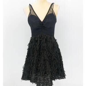 EVA FRANCO Anthro Mandy Mini Dress 4 Black Vulture Fringe Mesh V Neck NWT